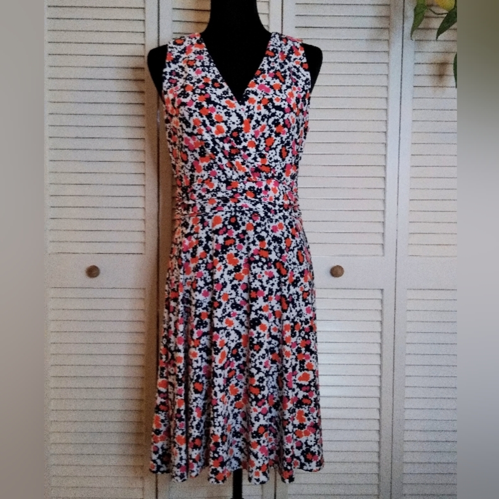 Tommy Hilfiger Floral Wrap Dress Sleeveless V-Neck Fit & Flare Pink Orange Sz 6